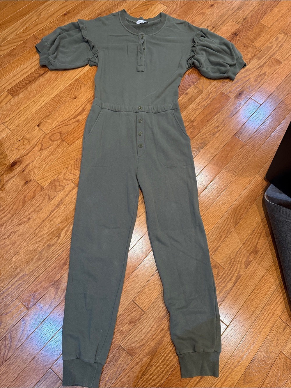 Something Navy Olive Cotton Short Sleeve Jumpsuit with Ruffled Sleeves Size M